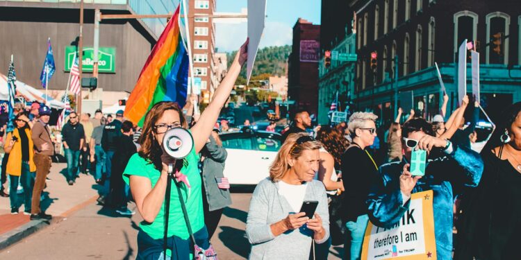 people rallying on street
