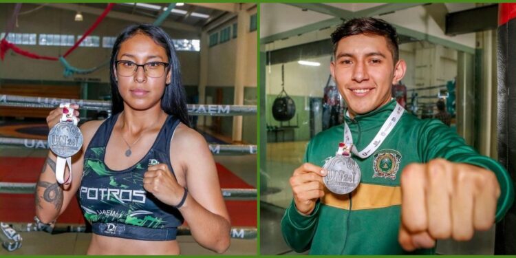 Yair Rodríguez Castañeda y Cristina Karen Garatachia Uribe, ganaron medalla de plata en kickboxing en la Universiada de Aguascalientes 2024.