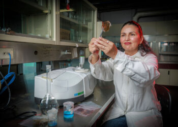 Rosa María Gómez Espinosa, investigadora UAEMex, experimenta con materiales orgánicos para eliminar contaminantes en el agua.